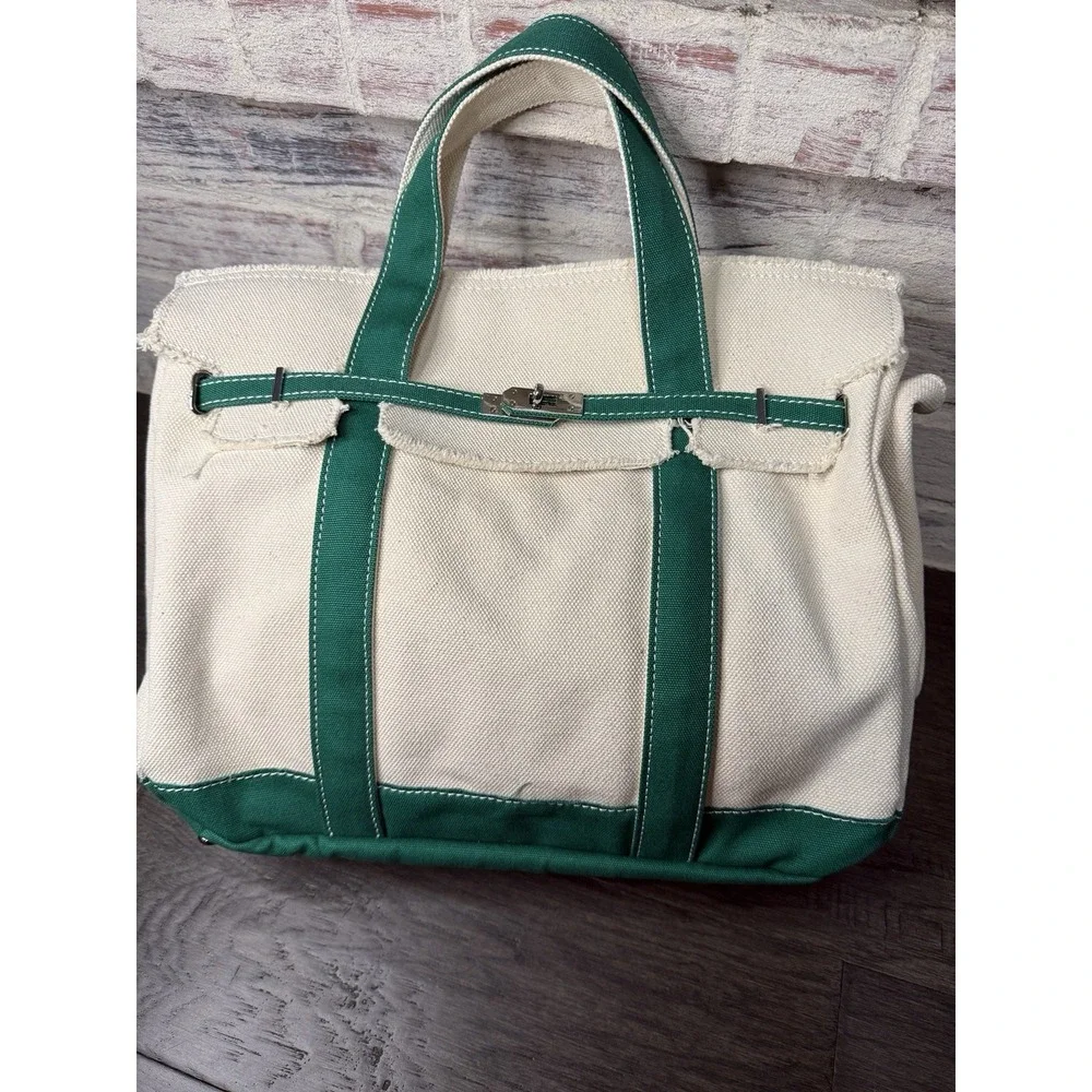 Sunwin Boatkin Style Women Large Cream Green Canvas Tote Bag NWOT Nautical